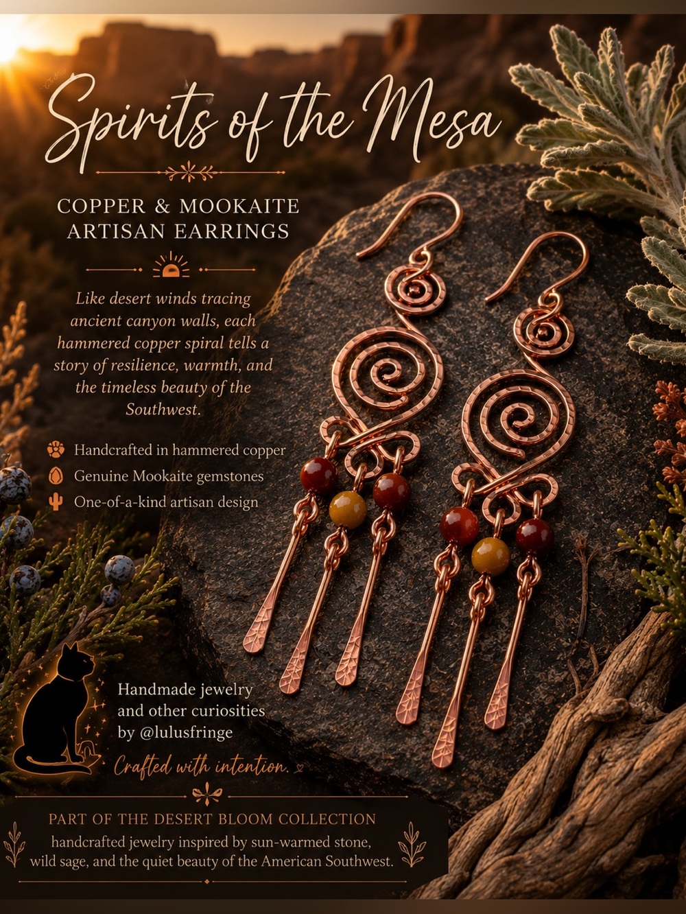 Genuine Mookaite And Elegant Spiral Copper Earrings Artisan Made